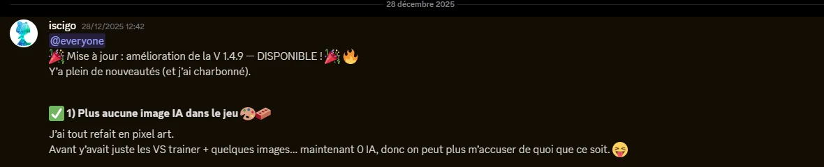 Annonce du 28/12/2025, 12:42, dans le salon des mises à jour ({d:message complet}, lien réservé aux membres du serveur)